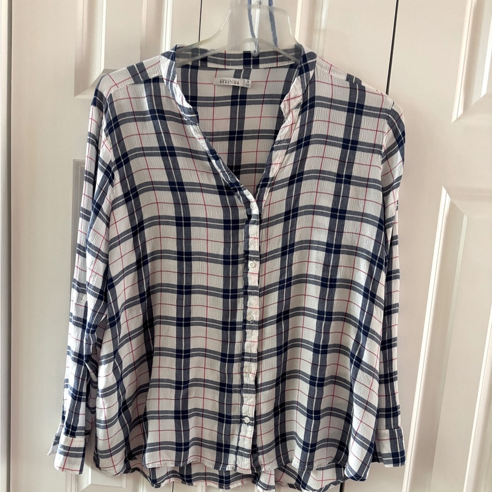Blue and white plaid blouse
